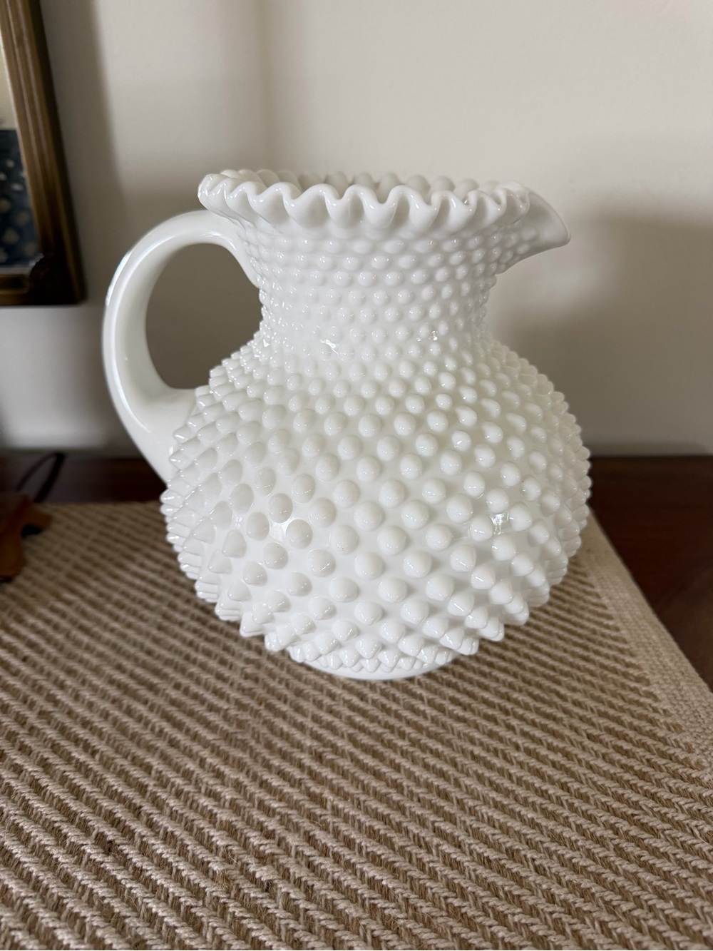 Large Vintage White  Fenton Hobnail Pitcher